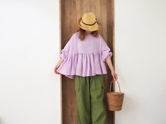 French linen canvas gather blouse lavender pinkの画像