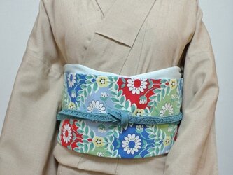 リバーシブル簡単お太鼓帯　赤と青の花柄×ブルーギンガムの画像