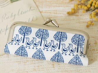 ■ことり柄ドイツ生地のがま口印鑑ケース/白×ネイビー■
