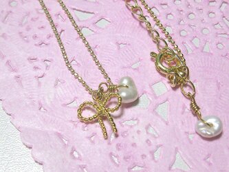 リボンプチネックレス-パールハートの画像