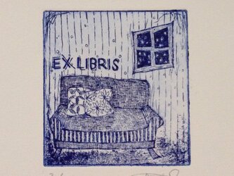 exlibris(蔵書票) 銅版画「冬のソファ」ブルーの画像