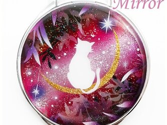 ジュエリーボックス ピルケース 機能付き コンパクトミラー 猫と月～星に願いを～赤紫Ver.の画像