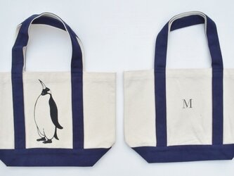 イニシャル入り、ペンギントートバッグ、キャンバストートバッグ、ネイビーの画像
