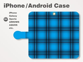 iPhone7/7Plus/Android全機種対応　スマホケース　手帳型　チェック-ビビッド　ブルー-青　0501の画像