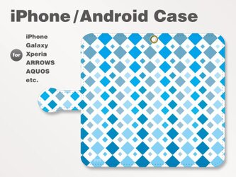 iPhone7/7Plus/Android全機種対応　スマホケース　手帳型　北欧風-四角-菱-ダイヤ　ブルー-青　1501の画像