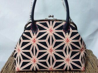 麻の葉もよう＆刺し子風ビーズ刺繍・帯地・がま口バックの画像