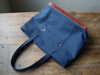 ■ nori. 帆布 + 革トート　ブルー＋ブラウンの画像
