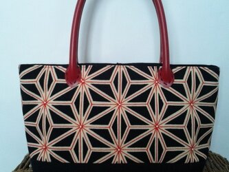 麻の葉もよう＆刺し子風ビーズ刺繍・帯地トートッバッグの画像