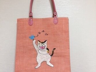 青い鳥と猫の刺繍トートバッグの画像