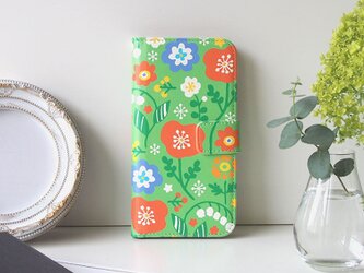 ＜iPhone対応＞Flowers手帳型スマホケース【ライムグリーン】の画像