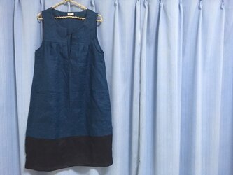 スリットワンピース★リネン100％★ブルー×ネイビーの画像