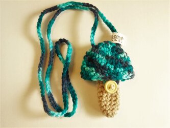 ホルン マウスピースケース(毛糸)キノコ型【青緑mix】首掛け用の画像