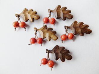 【再販♪】木製葉っぱとアップル珊瑚の木の実のブローチＳの画像