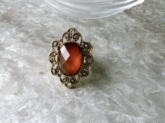 R399-ヴィンテージリング U.S.A.  Amber Crystal Cut Art Nouveau Gold Toneの画像