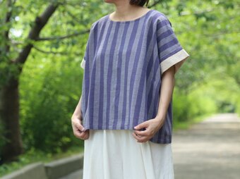 会津木綿の色合わせブラウス（半袖）あけび縞