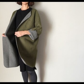 二重配色ウールコート(カーキ@グレー)
