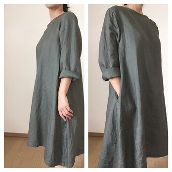 チャコールグレーのリネンAラインワンピース　M～L