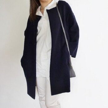 SALE30％OFF　強縮絨ニット　ノーカラーコーディガン＜ネイビー＞