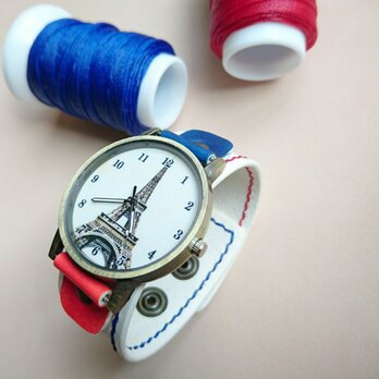 【手染め・手縫い】トリコロールカラーの腕時計の画像