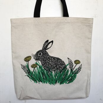 rabbit and dandelion tote w/long handle 綿×麻の画像