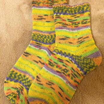 ドイツソックヤーンの手編み靴下【ポジティブな魂の木ーネガティブな人の家】 送料込の画像