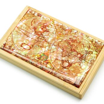 天然貝 竹製名刺カードケース（世界地図）＜螺鈿アート＞の画像
