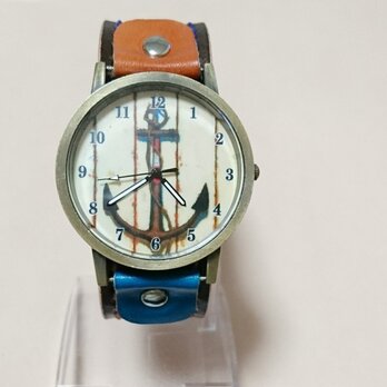 【手染め・手縫い】バイカラー腕時計 blue×orangeの画像