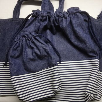 レッスンバッグ・シューズ入れ・体操服入れ・巾着袋【紺デニム×紺白ボーダー】薄地