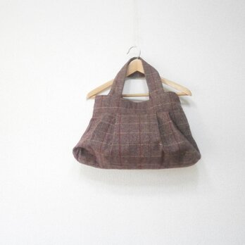 ウール混紡の手提げ袋・茶✖黄ヘリンボーン・格子(最新,羊毛,財布,ケース,小物入れ)の画像