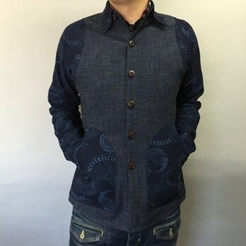吉兆藍木綿シャツジャケット（織生地×扇に鶴紋様）の画像