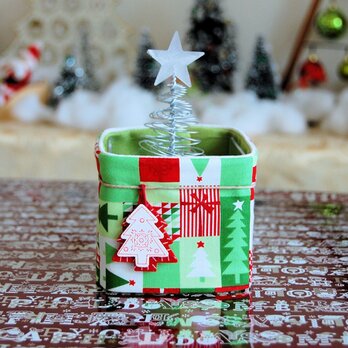 クリスマス！容器付・ツリー付鉢カバー（US生地黄緑クリスマス3）の画像