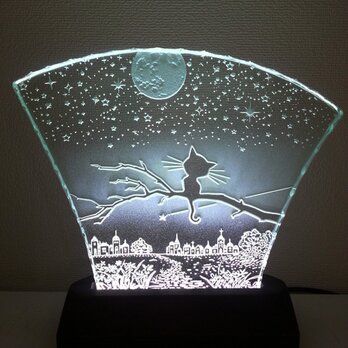 星降る夜・ネコ　ガラスエッチングパネル Mサイズ・LEDスタンドセットの画像