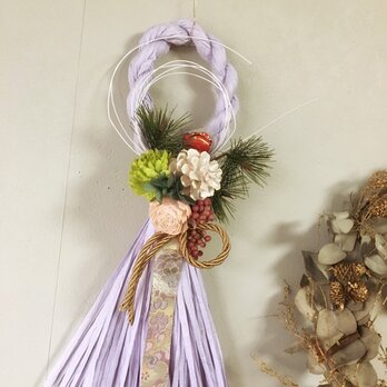 西陣織リボンのパステルワラルックしめ飾り【プリザ＋造花】の画像