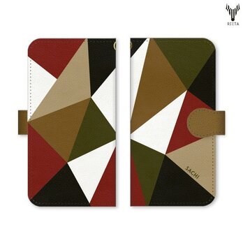 手帳型 三角 模様のスマホケース　トライアングル　黒×茶色×カーキ×赤×白×ベージュの画像