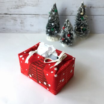 リバーシブルポケットティッシュカバー・容器付き（US生地の赤クリスマス×緑英字）の画像