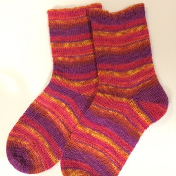 ドイツソックヤーンの手編み靴下【スウィーティ―・アカショウビン】の画像