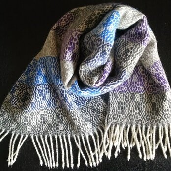 〈sale〉手織りカシミヤマフラー　モノクロ×青×紫の画像