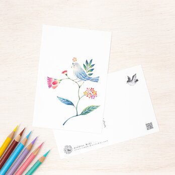 5枚セット。絵本のような。ポストカード "水色の小鳥と草花" PC-113の画像