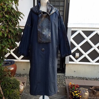 値下げ　着物リメイク　手作り　藍紬と藍大島　コート　マフラー付きの画像