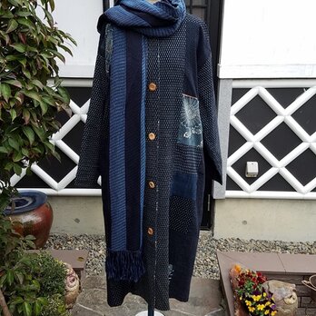 着物リメイク　古布手作り　かすりパッチ　ロングコート　マフラー付き　の画像