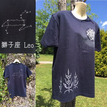 【受注製作】光る満月の森と12星座 アイヌデザイン コットンTシャツ 半袖 ブラックorネイビー ユニセックスの画像