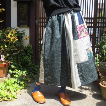 大島紬リメイク☆色々な紬や銘仙パッチ♪大人な初夏のロングスカートの画像
