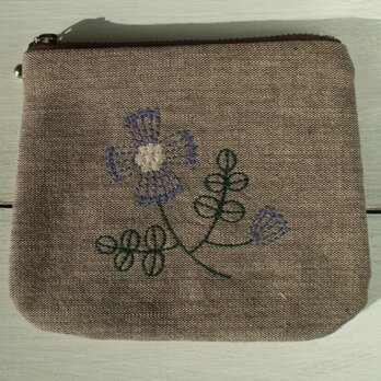 花刺繍のミニポーチ　茶綿麻の画像