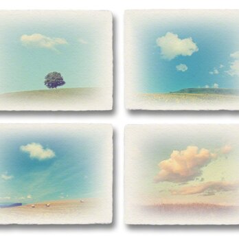 かわいい和紙の立体アートパネル「丘と雲x4枚セット」(18x13.5cm)の画像