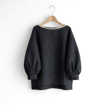 ボリューム袖 ボートネック 7分袖プルオーバー ブラウス｜リネン100%_Black