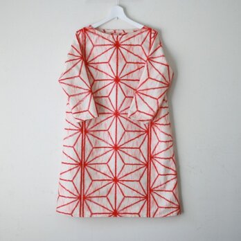 絹紬　赤色麻の葉　テトラワンピ長袖　Ｍサイズの画像