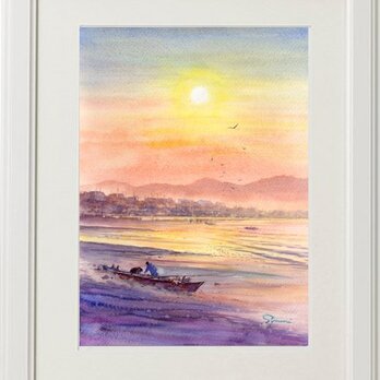 注文制作します　水彩画原画　靄の浜辺の画像