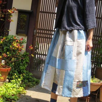 紬色々パッチして☆初夏を感じる爽やかブルー系スカートの画像