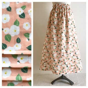 SALE!ダブルガーゼのAラインスカート（85cm丈）：椿の庭（ピンク）の画像