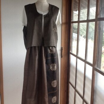 茶色 大島紬のギャザースカートの画像